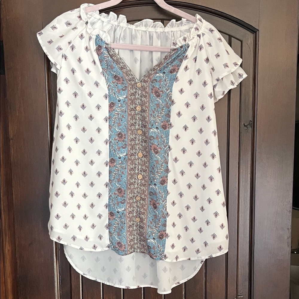 NWOT Boho Peasant Blouse with Blue Paisley Panel - Women's White Top